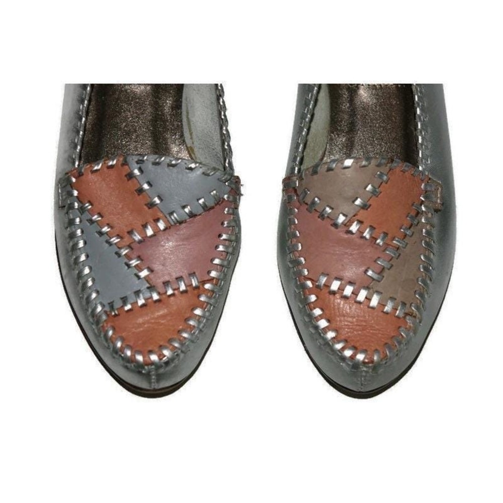 Mixed Blues Patchwork Loafers Women 6M Metallic Silver Whipstitch Flat Slip On - Picture 6 of 9